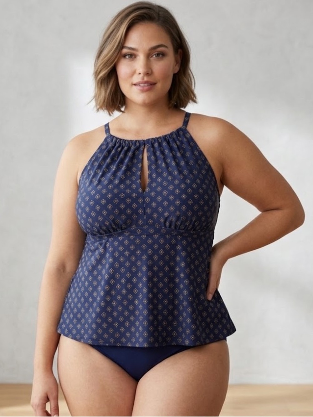 Kona Sol | Women’s Plus Size Navy and Gold Tankini Top Size 3X